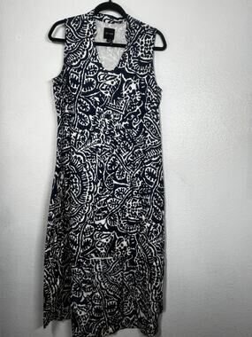 Nic + Zoe High Low Linen Dress Blue White Abstract Pullover Sleeveless  Sz M